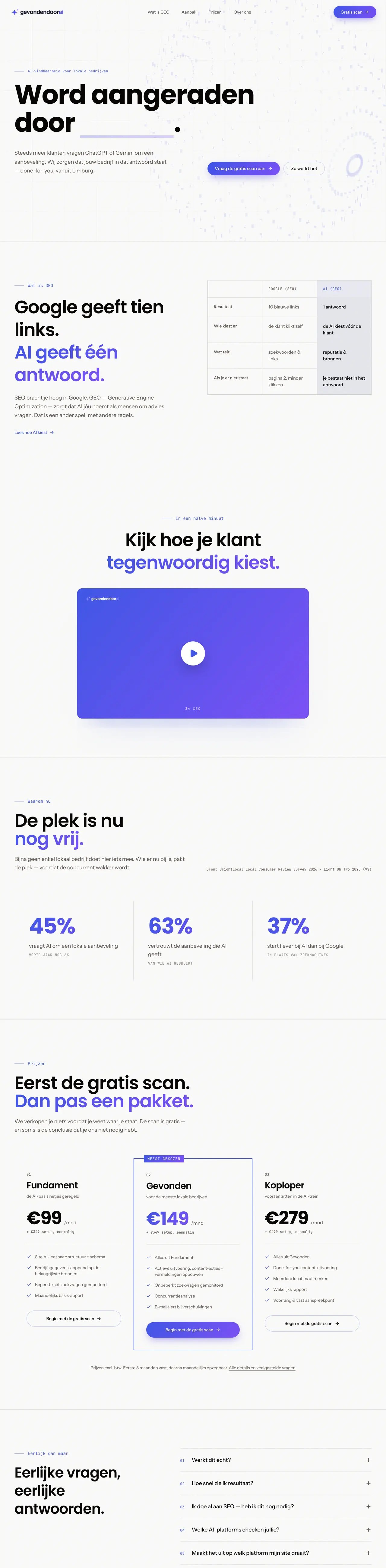 Volledige homepage van Gevonden door AI, website gemaakt door MIHERA