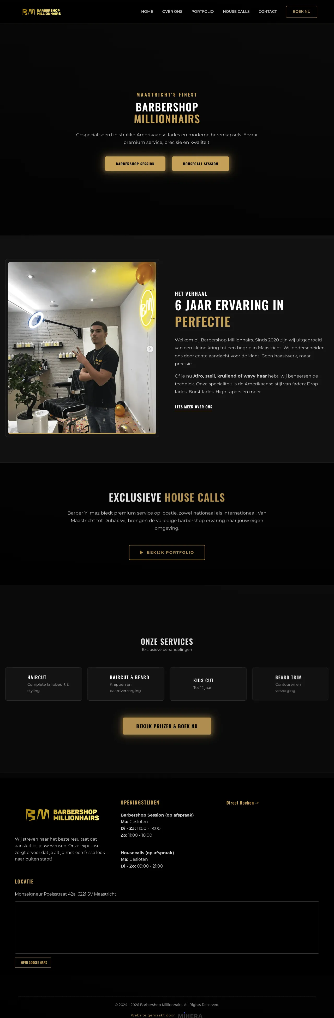 Volledige homepage van Barbershop Millionhairs, website gemaakt door MIHERA
